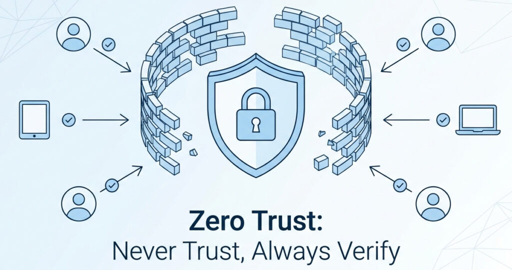 Einfache Illustration des Zero Trust Konzepts mit einer durchbrochenen Firewall, einem zentralen Schutzschild mit Schloss sowie dem Leitgedanken "Never Trust, Always Verify"